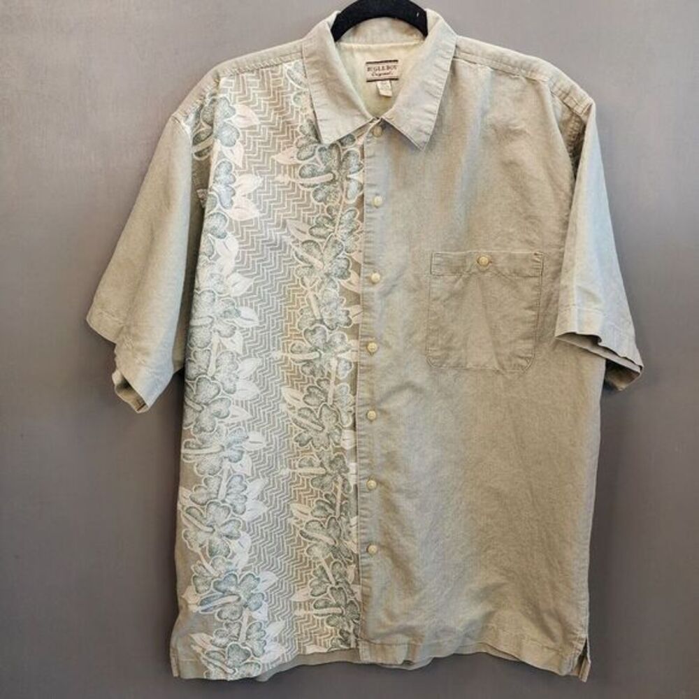 Bugle Boy Hawaiian Shirt Men's Large Green Tropical Ramie Y2K Button Down